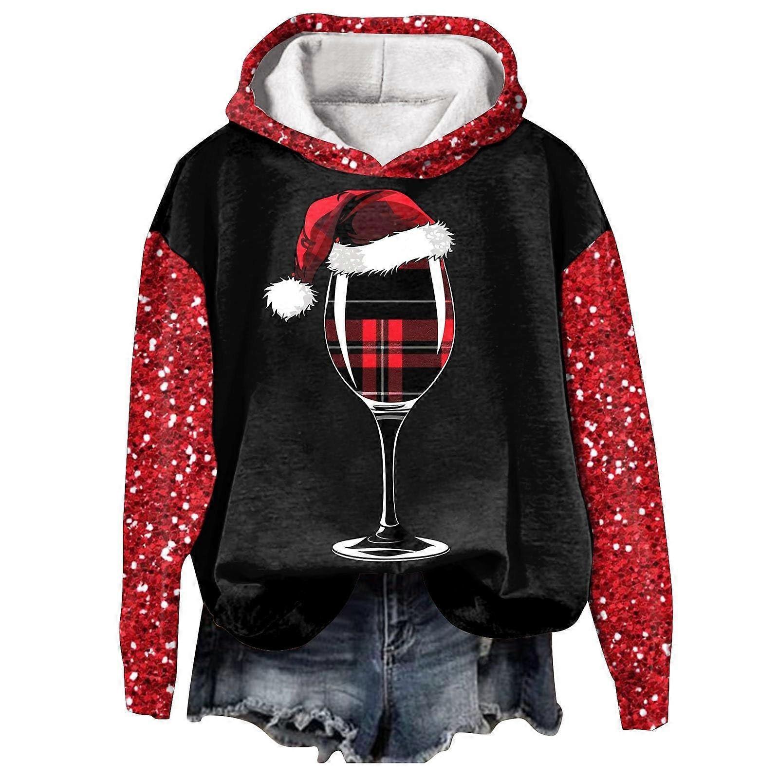 Women's Christmas Sweatshirt Fun Pattern Hoodie Sweater Top Long Sleeve Sequin Pullover  Watermelon Red XL