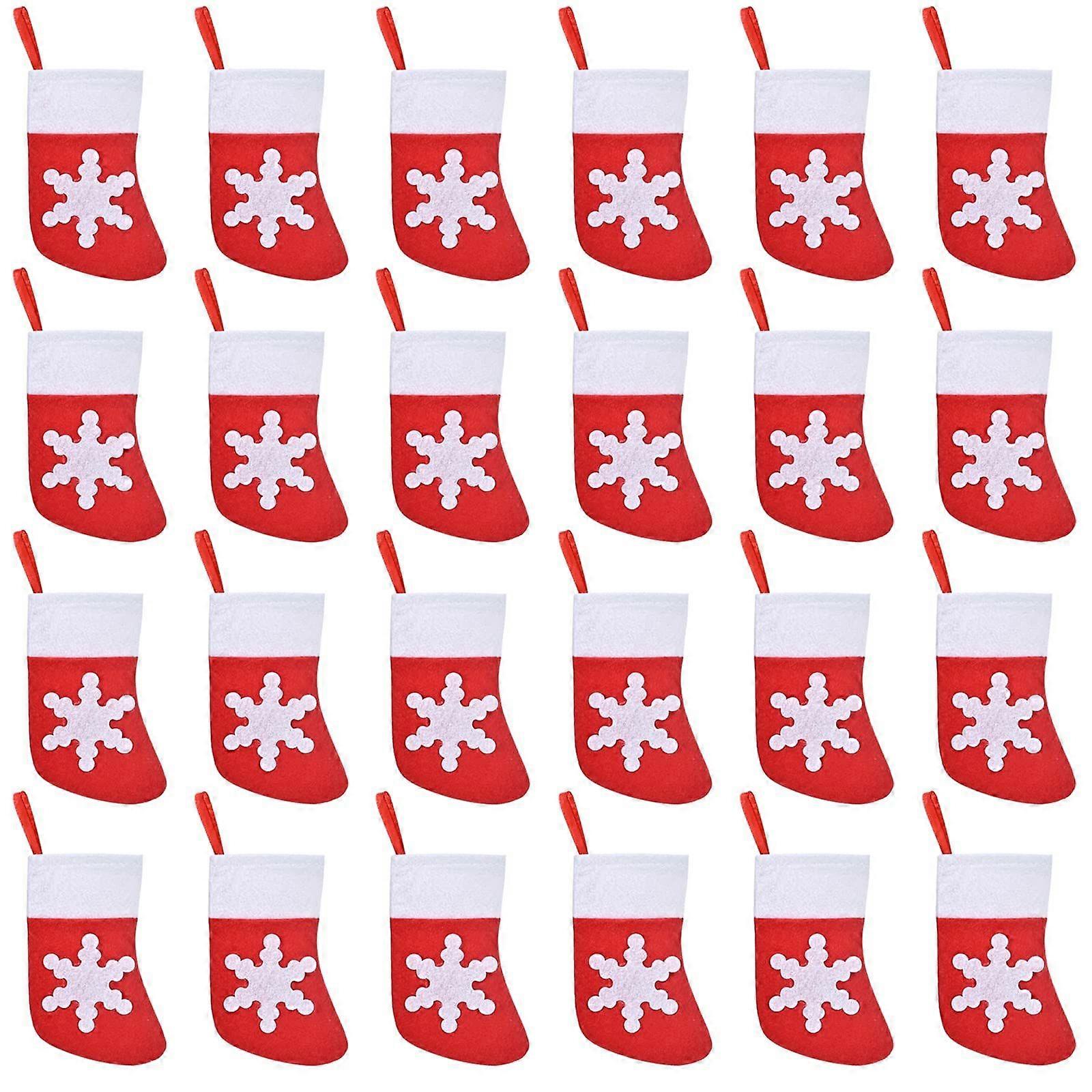 24 Pack Mini Felt Christmas Stockings with Snowflake Design - Red Xmas Socks for Candy Pouches, Tableware Holders, Xmas Party, Tree, Dinner Table & Ho