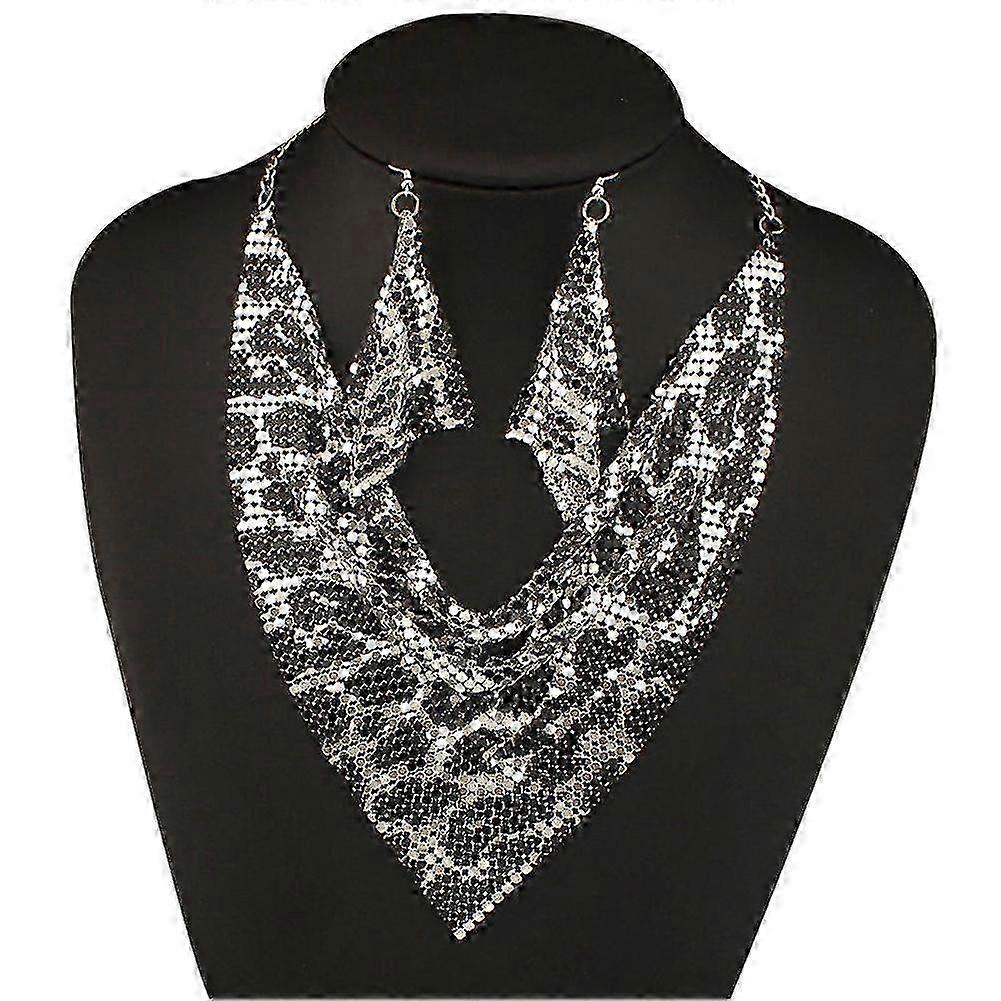 2Pcs/Set Women Triangular Scarf Sequins Charm Statement Bib Necklace Earrings