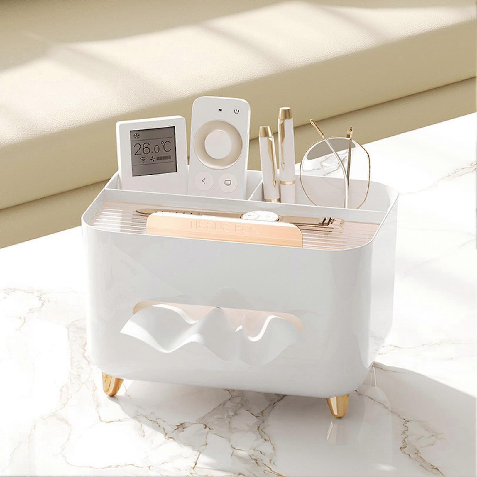 Tissue Box Cover Holder With Storage Multifunctional For Facial Tissues, Remote Control, Napkin Organizer White