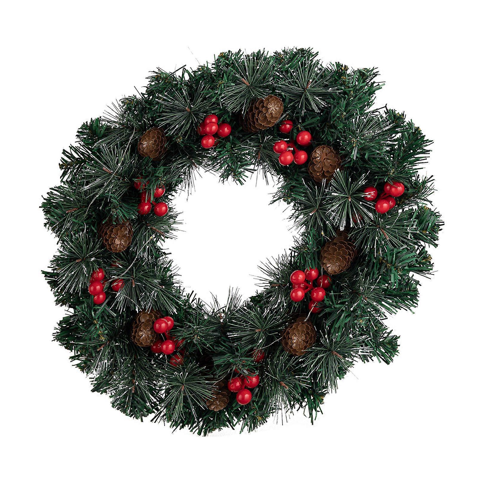 40cm LED Light Up Artificial Christmas Wreath Front Door Ornament with Berries and Pinecones Decoration for Window Wall Multicolor