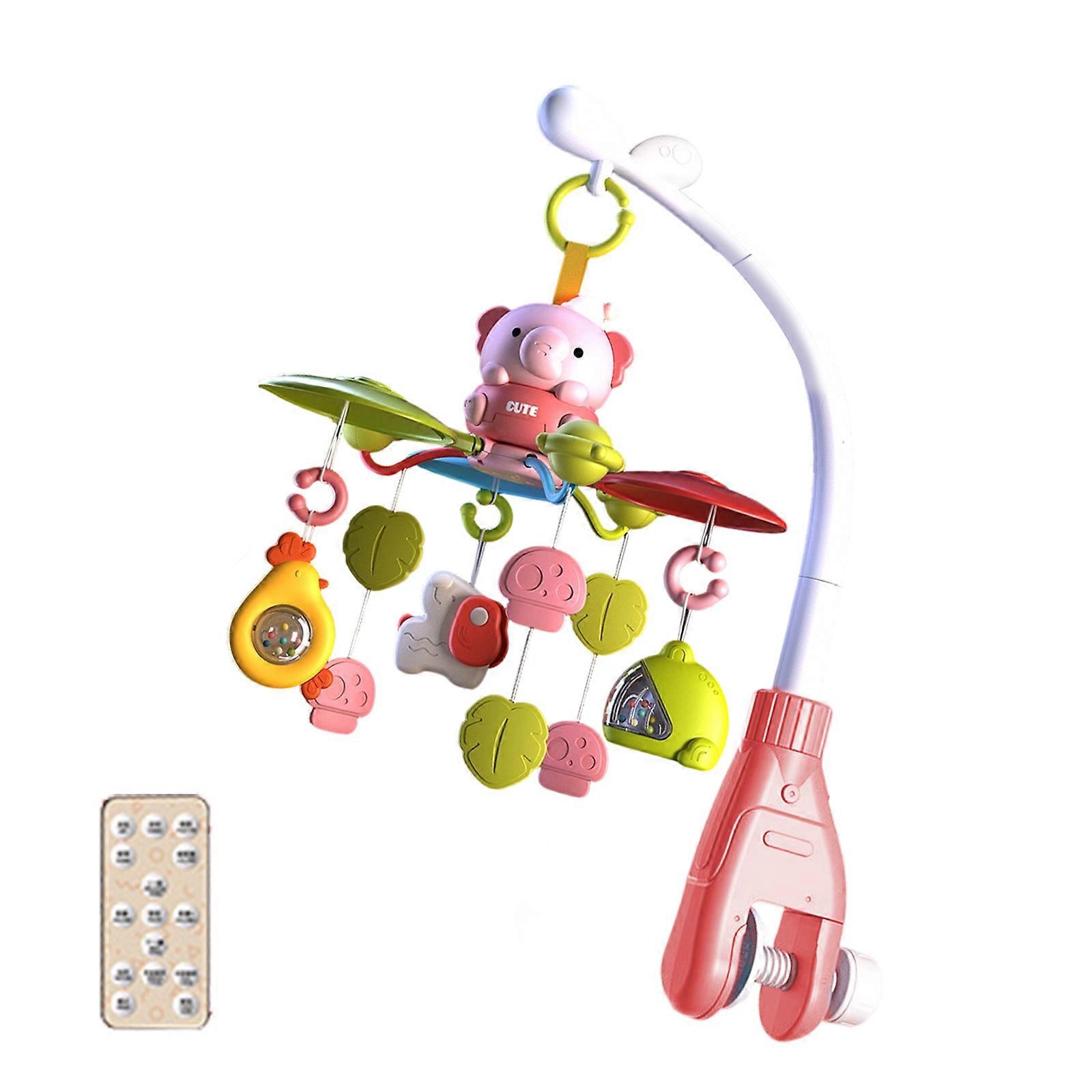 Infant Crib Mobile Cartoon Elephant Rotating Rattle Bed Hanging Toy With Music And Safe Teether for Sensory Development  Pink