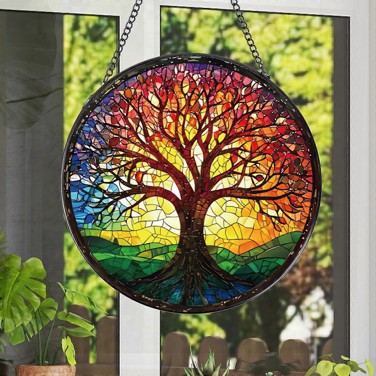 Tree of Life Stained Glass Suncatcher 7.8 Inch Window Hanging with Vivid Sunlight Reflection