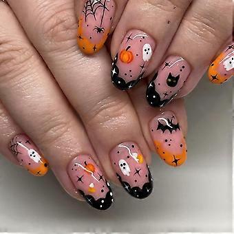 Halloween Press On Nails Medium Oval Ghost Spider Web Acrylic False Nails Reusable 24Pcs