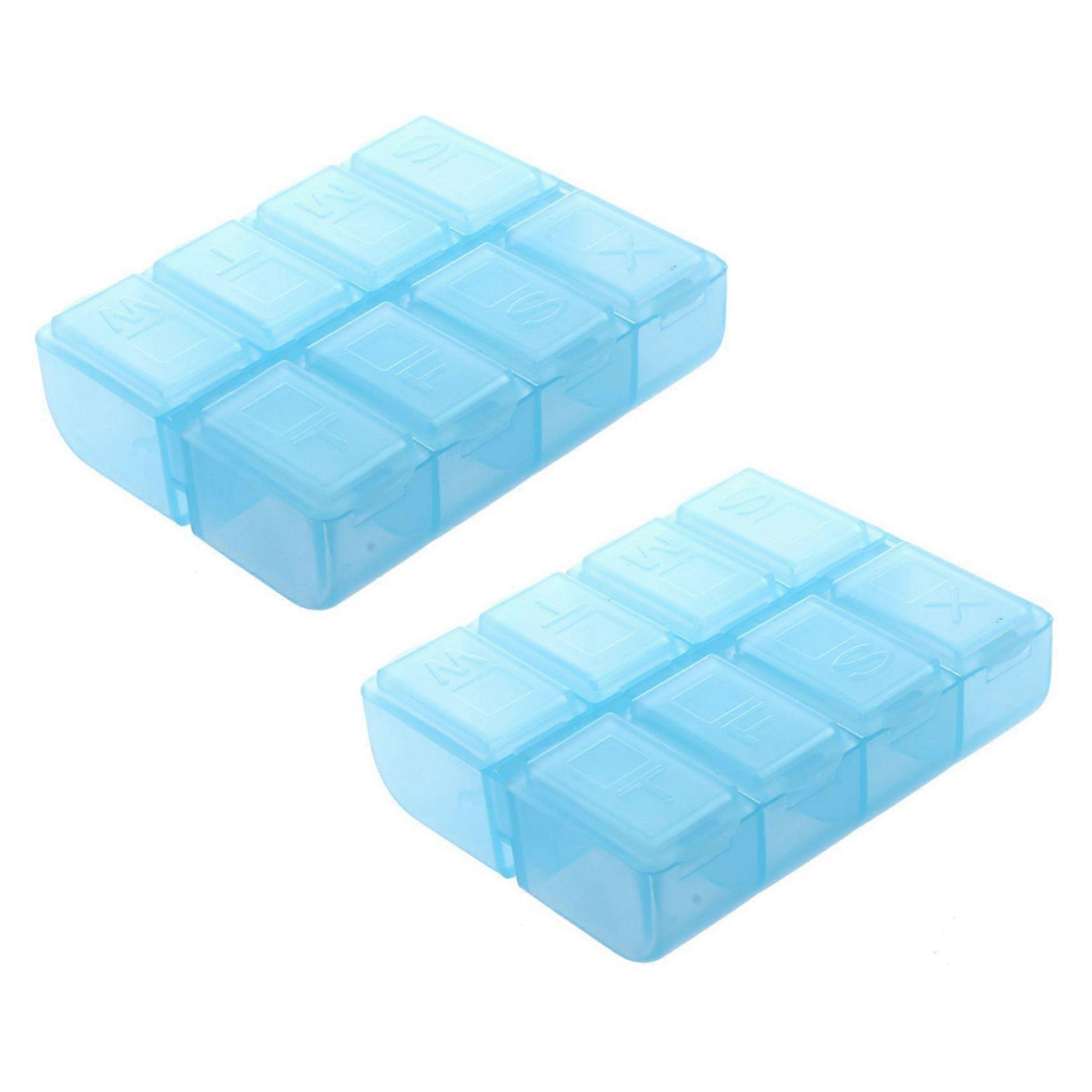 2X Plastic Rectangle 8 Compartments 7 Days Medicine Pill Box Blue