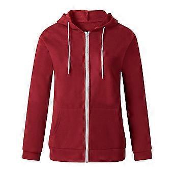 Spring Autumn Women Solid Color Sweatshirt Coat Hooded Drawstring Long Sleeve Pockets Zipper Placket
