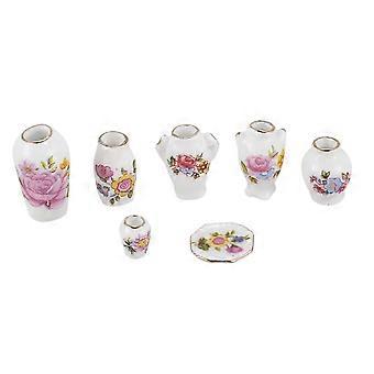 Vaso de cerâmica em miniatura moderno para casa de bonecas, porcelana, rosas, 7 peças