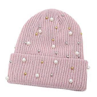 Weiche Strickmütze mit Perlenverzierung, warme Unisex-Wintermütze, Outdoor-Kopfbedeckung für Aktivitäten im Freien und Freizeitaktivitäten, rosa