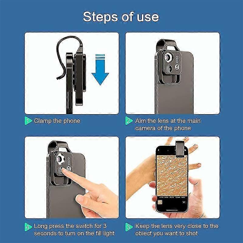 200x Portable Mini Digital Microscope with CPL LED, Cell Phone Microscope Accessory