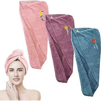 3-pack Double Layer Hair Care Shower Caps, Headbands With Button Hair Turbans, Cute Embroidery, Suitable For All Hair Types