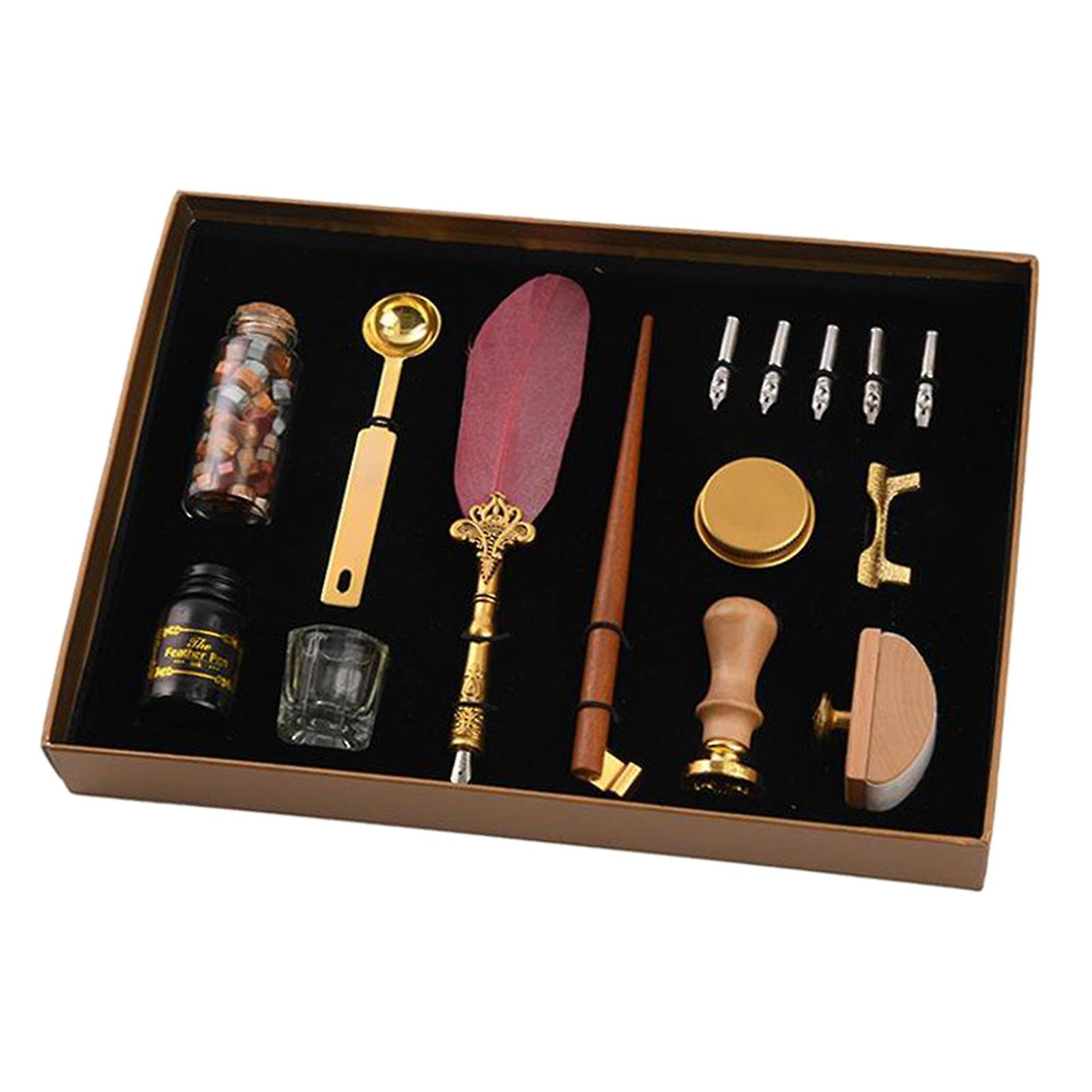 Fountain Pen Antique Quill Feather Dip Pen and Wax Seal Set Red Quill
