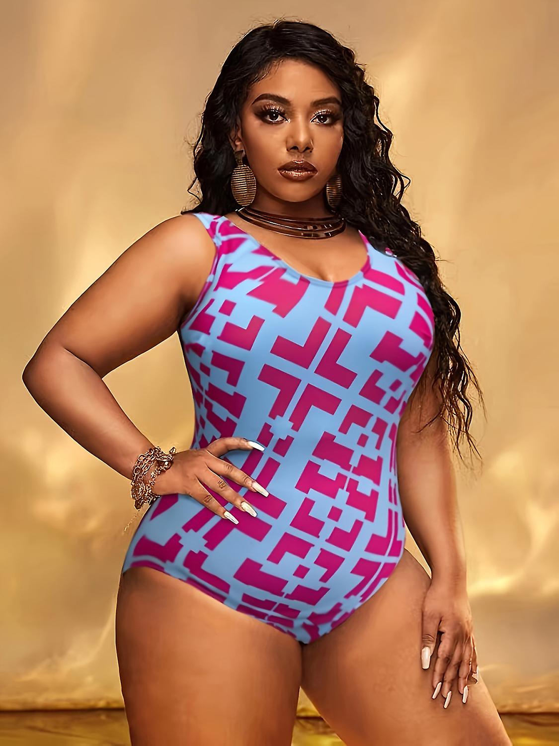 Women's Plus Size High Waisted One-piece Swimsuit Print Double Straps Cover Belly Backless Tummy Control Bathing Built-in Bra Wire-free