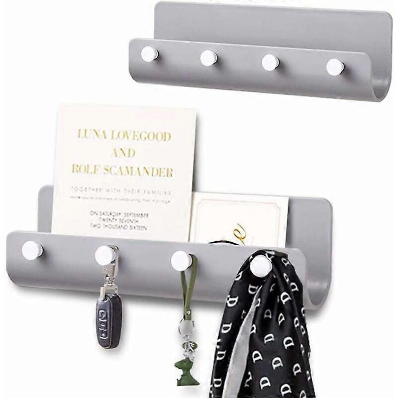 Versatile Mail Wall Rack with 4 Key Hooks, Adhesive Letter Sorter Storage Shelf and Key Hook (Grey)