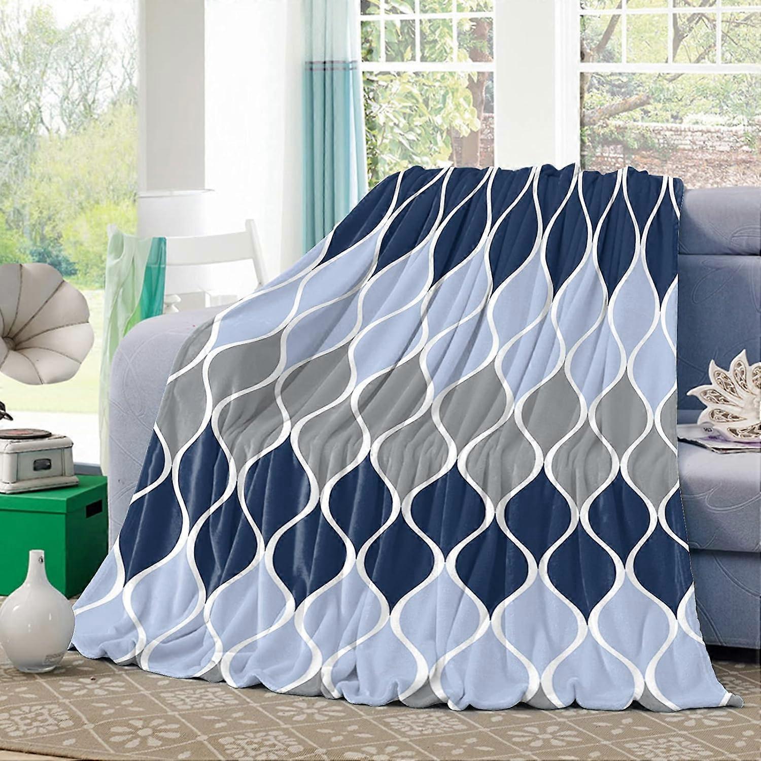 Vintage Morocca White Curve Line Flannel Fleece Blanket 30"x40" Soft Cozy Throw Blankets Navy Blue Grey Gradient Lightweight Sofa Couch Throws for Kid