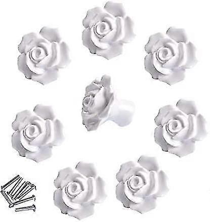 8pcs Elegant White Rose Pulls Flower Ceramic Cabinet Knobs Cupboard Drawer Pull Handles