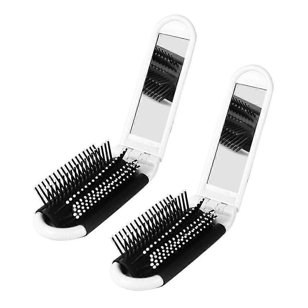 2x Portable Travel Folding Hair Brush With Mirror Compact Pocket Size Comb-white