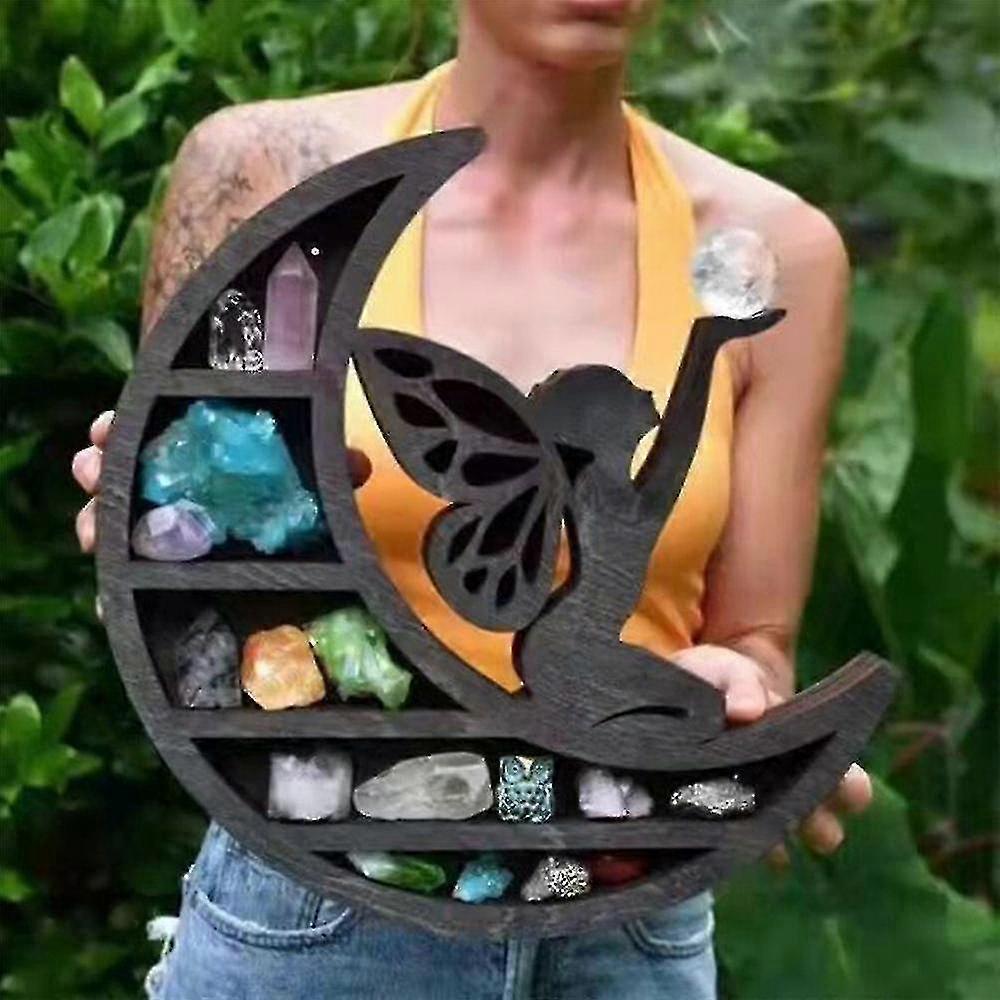 Wooden Heart / Fairy Moon Shape Display Rack Crystal Holder Shelf Desktop Decor