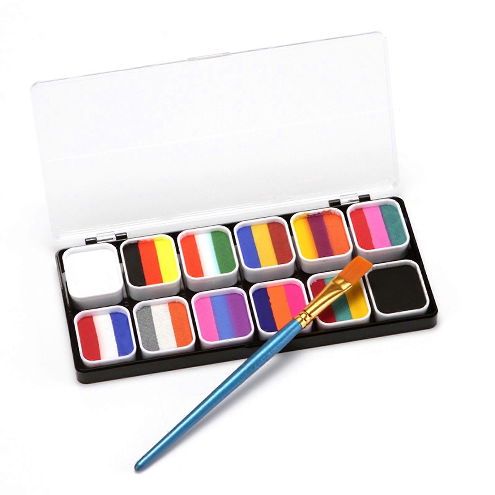 Professional Face & Body Painting Kit 12 Colors Rainbow Water Activated Paints Split Cakes Palette Makeup Cosplay Facepaints with Brush Safe & Non-Tox