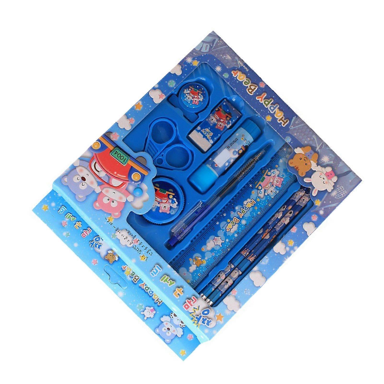 الكرتون اللوازم المدرسية أقلام رصاص زرقاء قلم حبر جاف أسهل مبراة مقص كليب أطفال القرطاسية مجموعة للسفر إلى المنزل