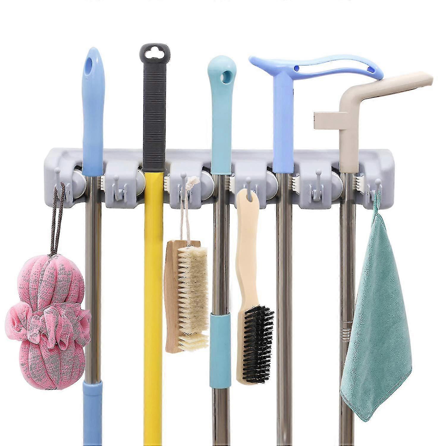 Broom Holder With 6 Foldable Hooks And 5 Quick Release, Mop Holder, Broom Holder, Device Holder, Order Bar, Device Bar For Wardrobe, Kitchen, Garage A