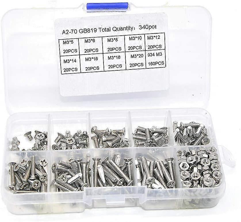 340 Pcs 304 Stainless Steel Countersunk Hex Screws Assortment