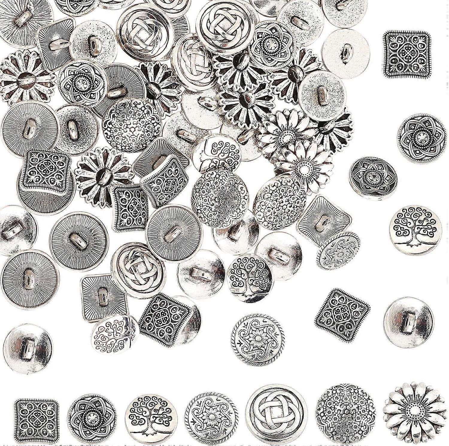 70Pcs Hole Alloy Buttons Antique Silver Flower Tree Metal Button Vintage Pattern Decorative Buttons for Sewing