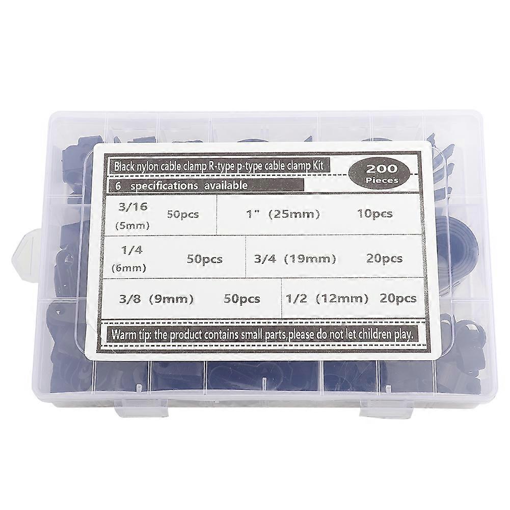 200pcs Plastic Nylon Cable Clamp R Type P Type Wire Clip Fasteners Assorted Box(Black )