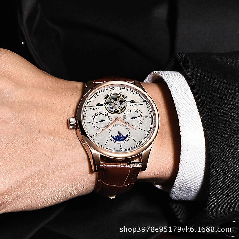LIGE men's fully automatic mechanical watch men's watch genuine leather belt waterproof multi-function sports watch tourbillon watch belt silver black