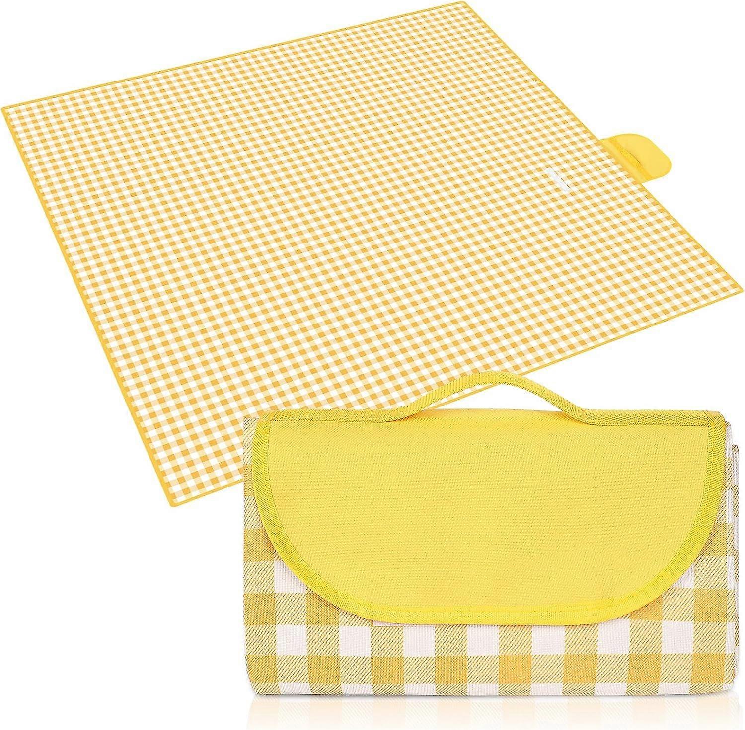 200*150CM Picnic Blanket (Yellow and White Tiles), Foldable Picnic Blanket, Waterproof, Ideal for Parks, Hiking, Camping and Family Travel
