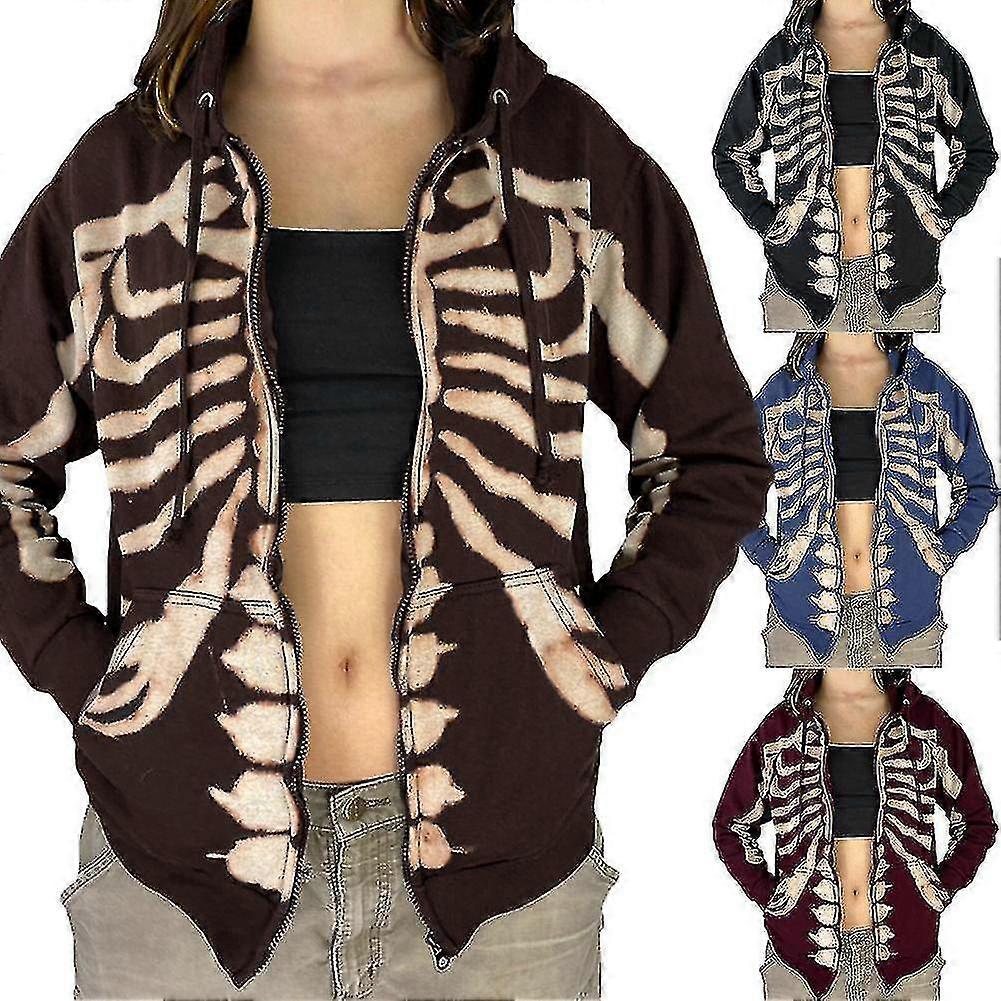 Sweat à capuche pour femmes Retro Skull Casual Pullover Manches longues Imprimé Zipper Fun Track Jacket
