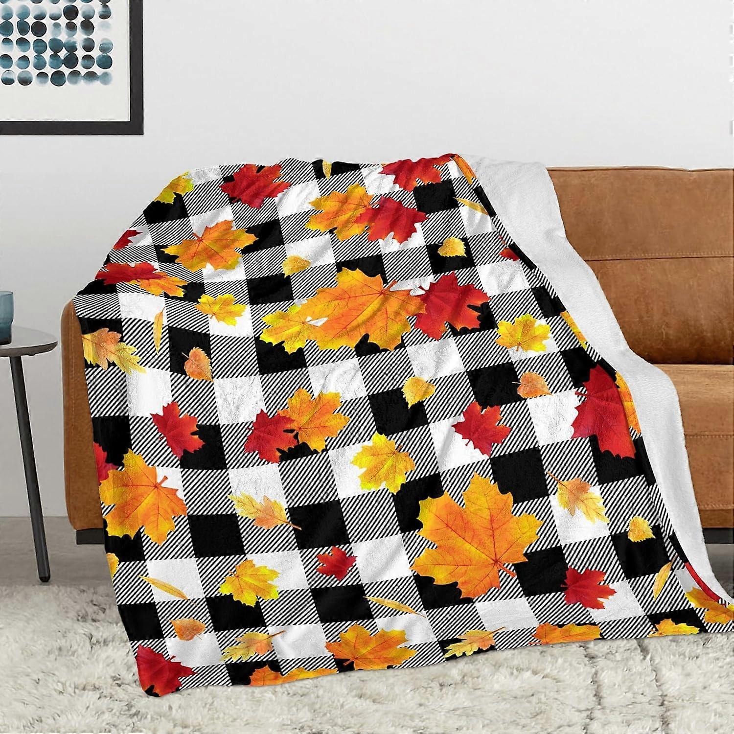 Fall Fleece Throw Blankets Maple Leaf Throw Blanket for Couch Sofa Bed, Luxury Soft Warm Fuzzy Cozy Black White Buffalo Check Plaid Flannel Blanket, L