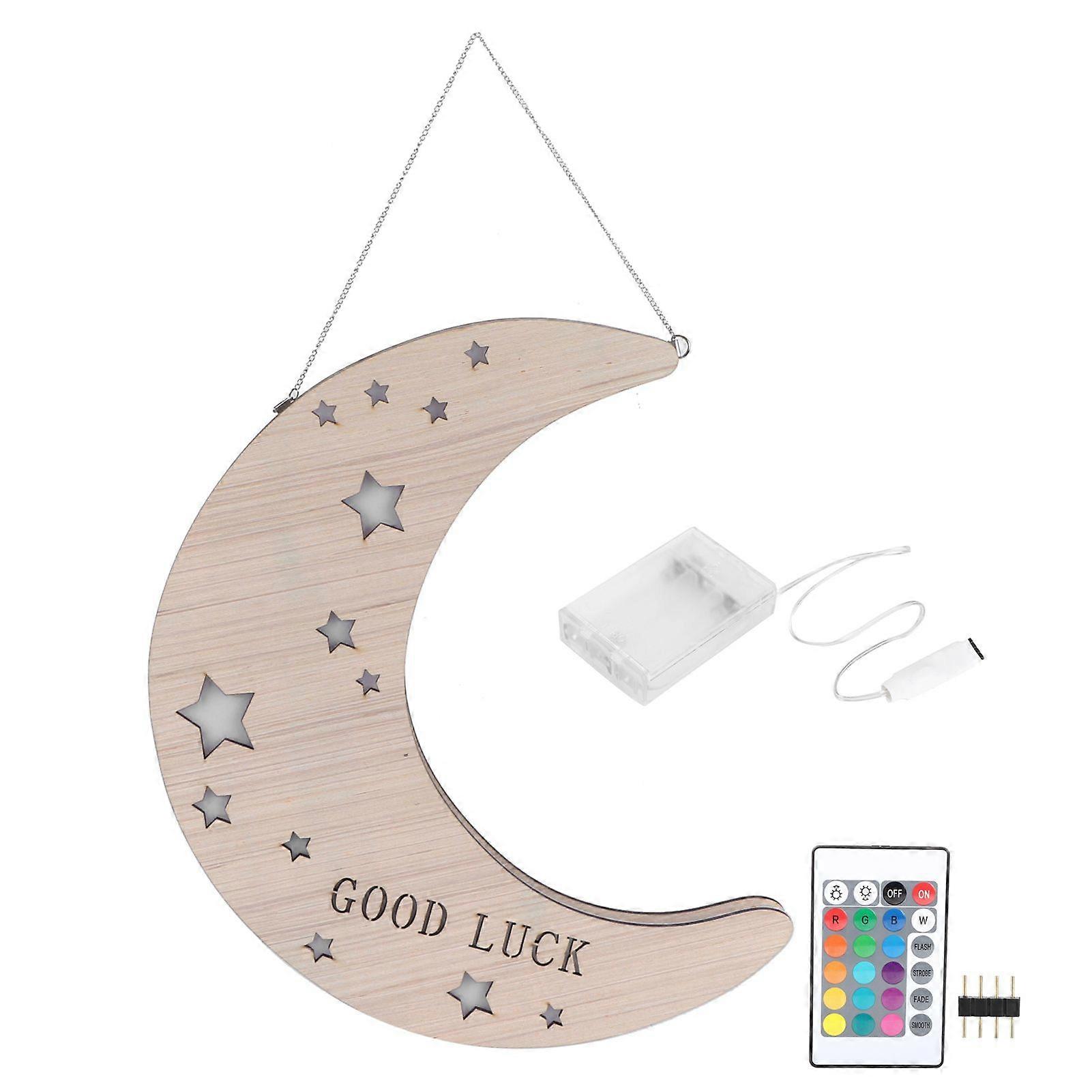 RGBW LED Night Light Moon Shape Wall?Hanging Wooden Lamp with 24?Key Remote Control