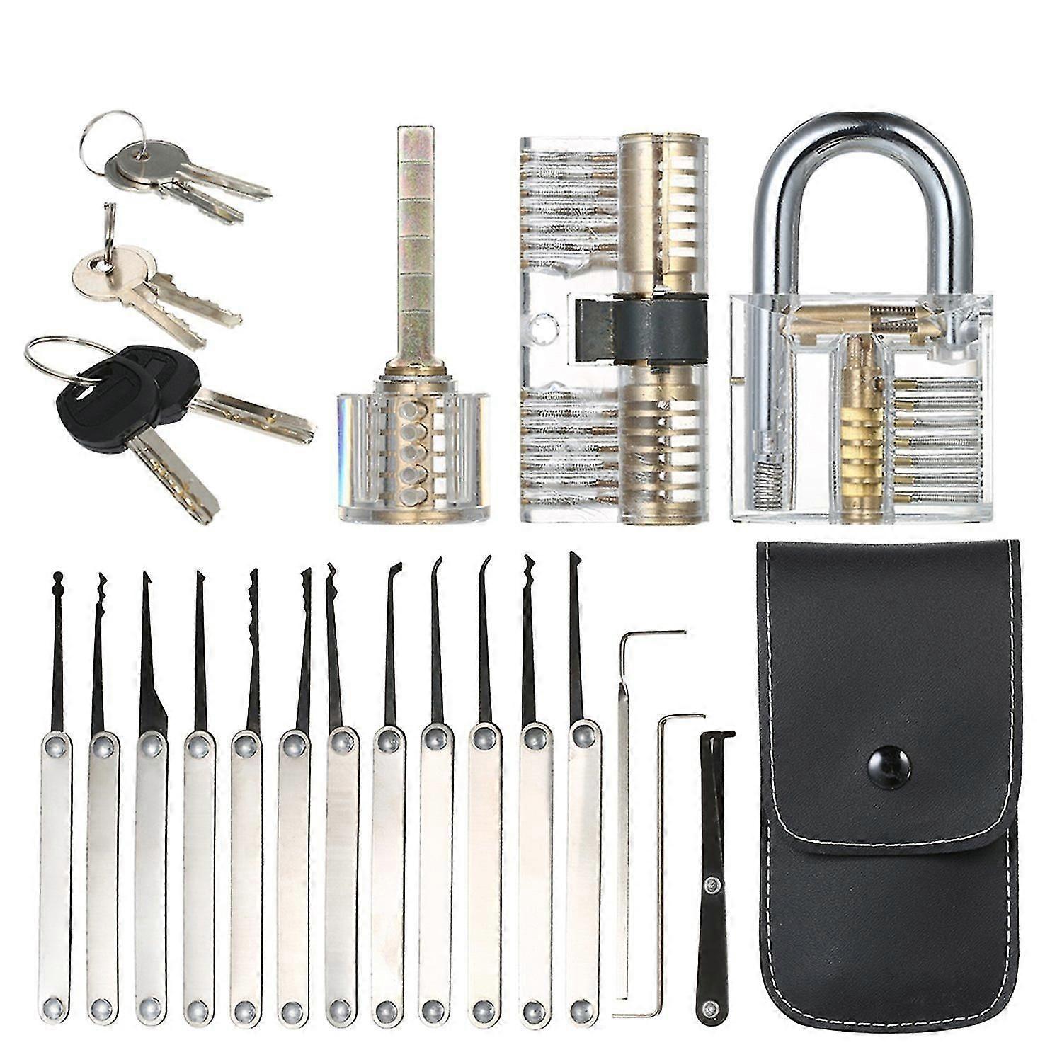 15pcs Lock Picking Set Kit Tool with Three Transparent Practice Training Padlock Lock for Locksmith