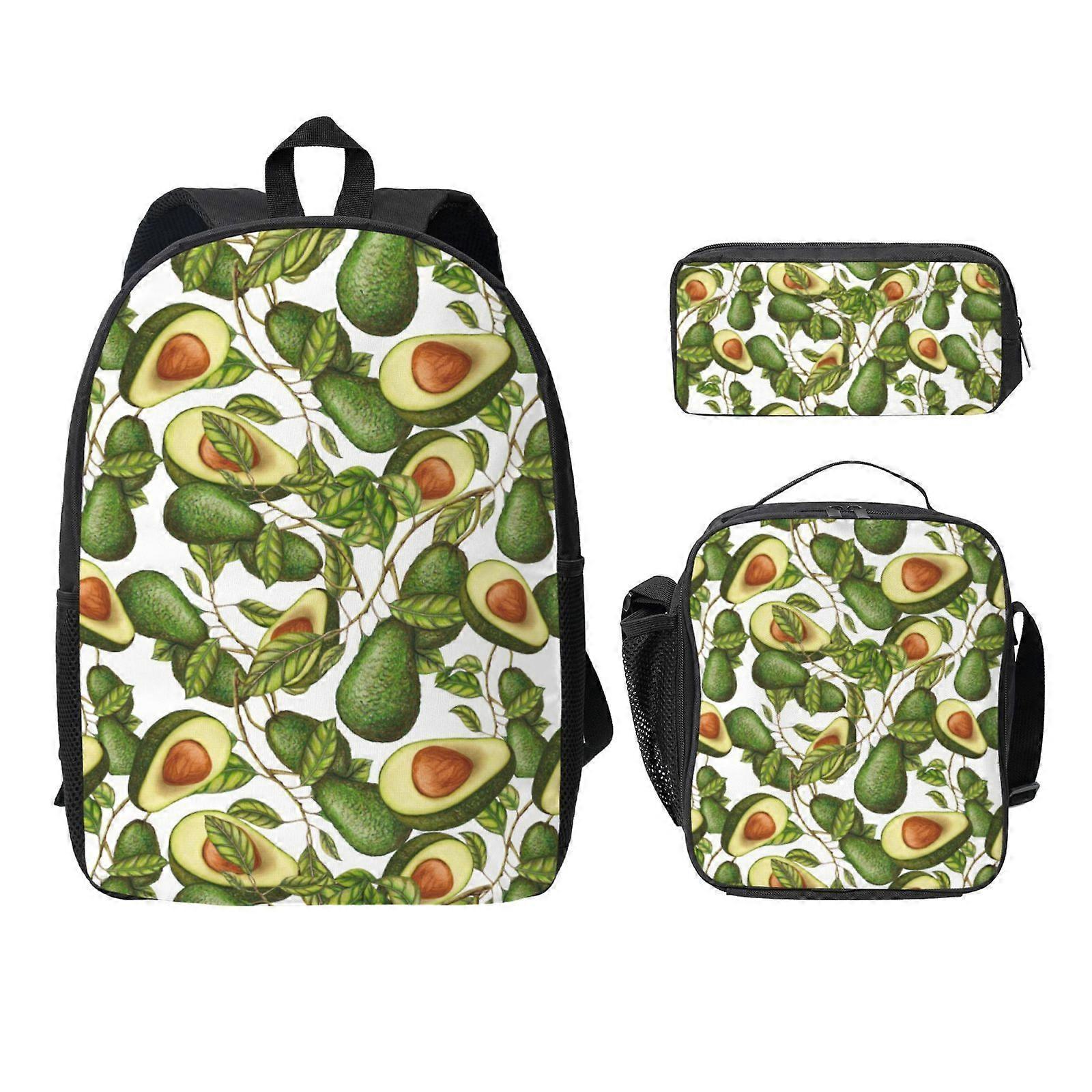 Cute Avocado Pattern Backpack Lunch Bag Pencil Case 3 Pcs Set with Mesh Pocket 03