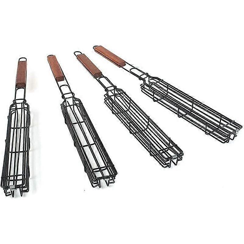 4 Pcs Non-Stick BBQ Skewer Baskets with Heat-Resistant Wooden Handle for Vegetables, Shrimp, Seafood