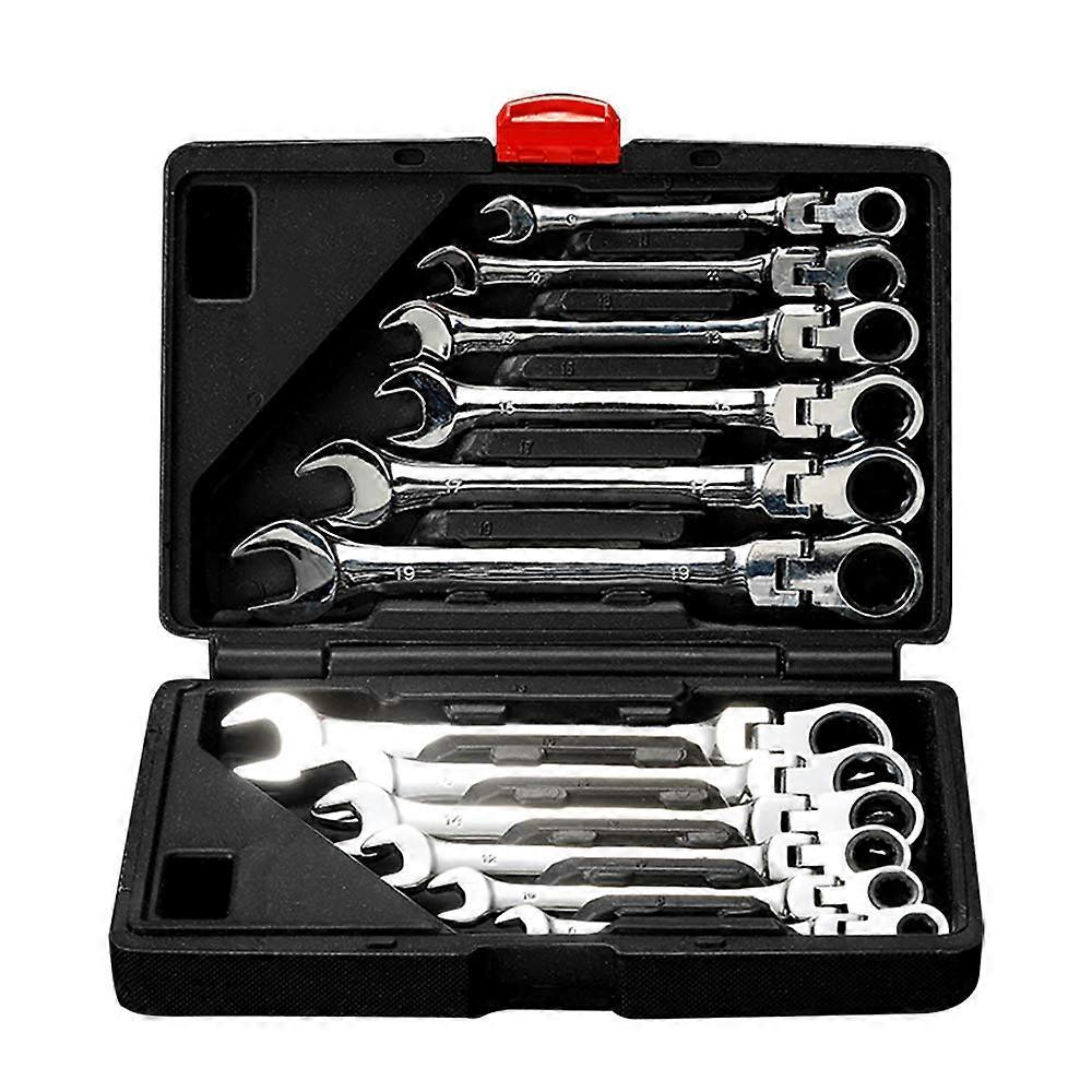 12pc. Tightspot Flex-Head Ratcheting Wrench Set,8-19mm Metric CR-V Access Quick Spanner with Toolbox (12PC. Flex Head Wrench)
