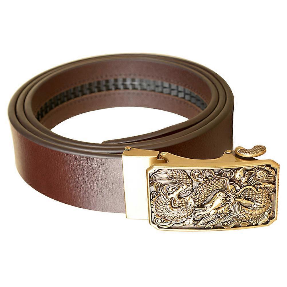 Men Dragon Pattern Belt with Automatic Golden Buckle Luxury Leather Belts (Coffee)