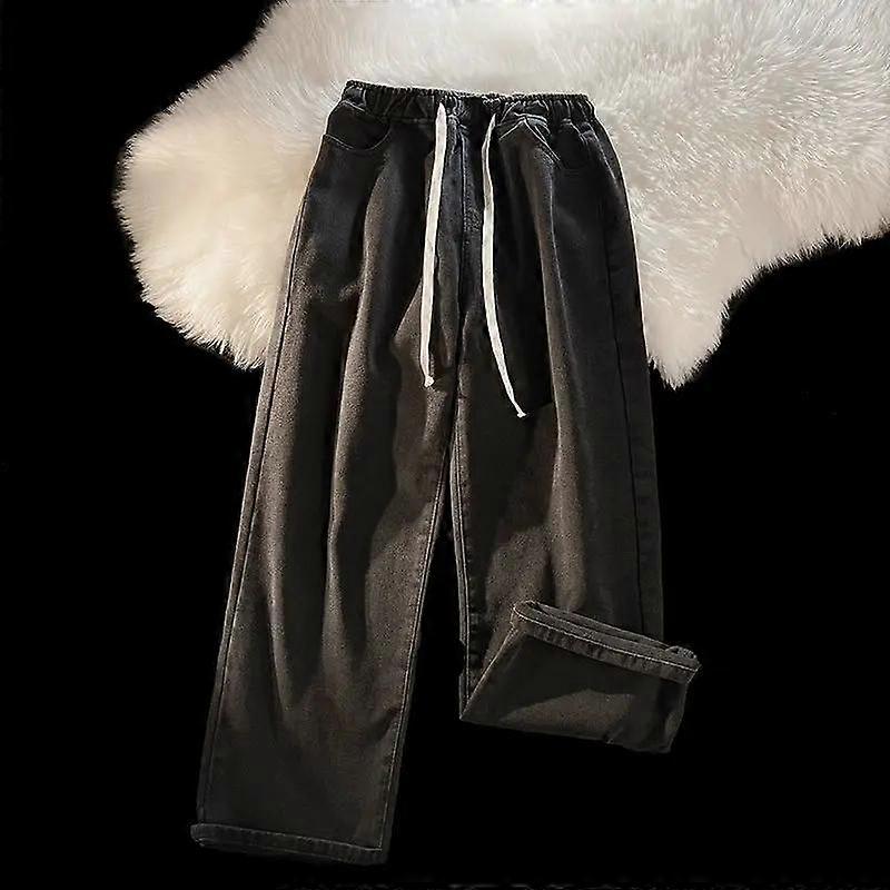 Autumn and Winter Plush and Thickened Jeans Men's Loose Straight Leg Pants Elastic Waist Wide-leg Trousers Casual Trousers