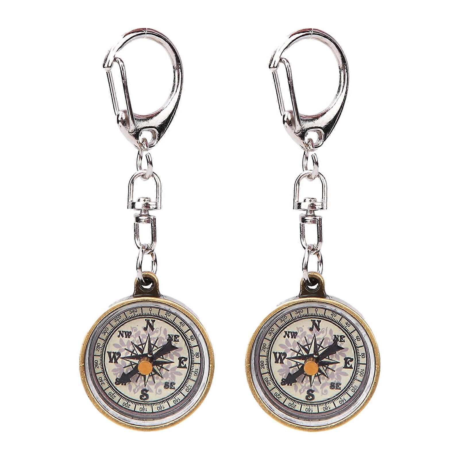 2 Pcs Vintage Style Zinc Alloy Compact Pocket Compass Keychain for Outdoor Navigation Tools