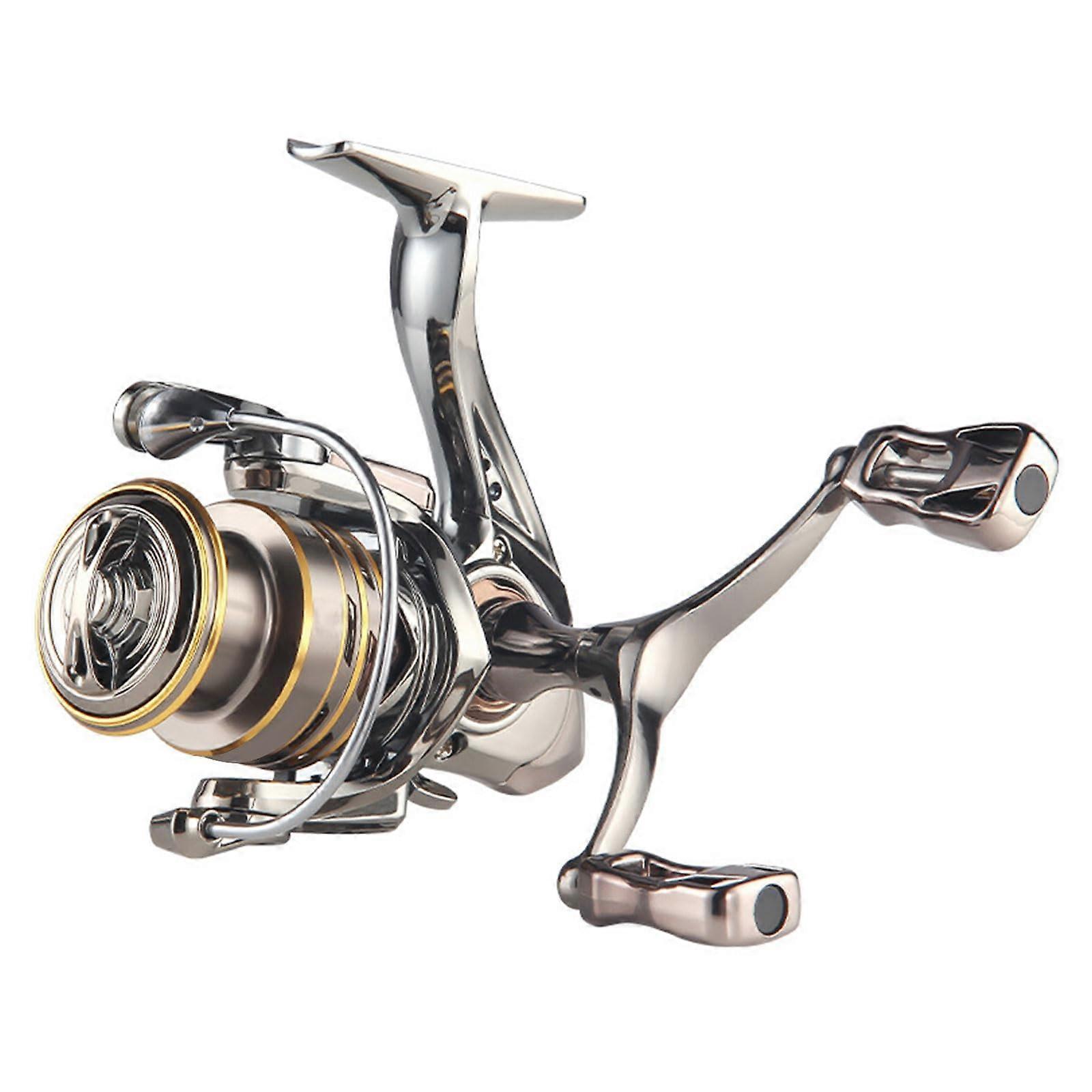 Spinning fishing reel with 5.2:1 gear ratio, foldable handle that can be switched between left and right, 5.9 kg drag power.
