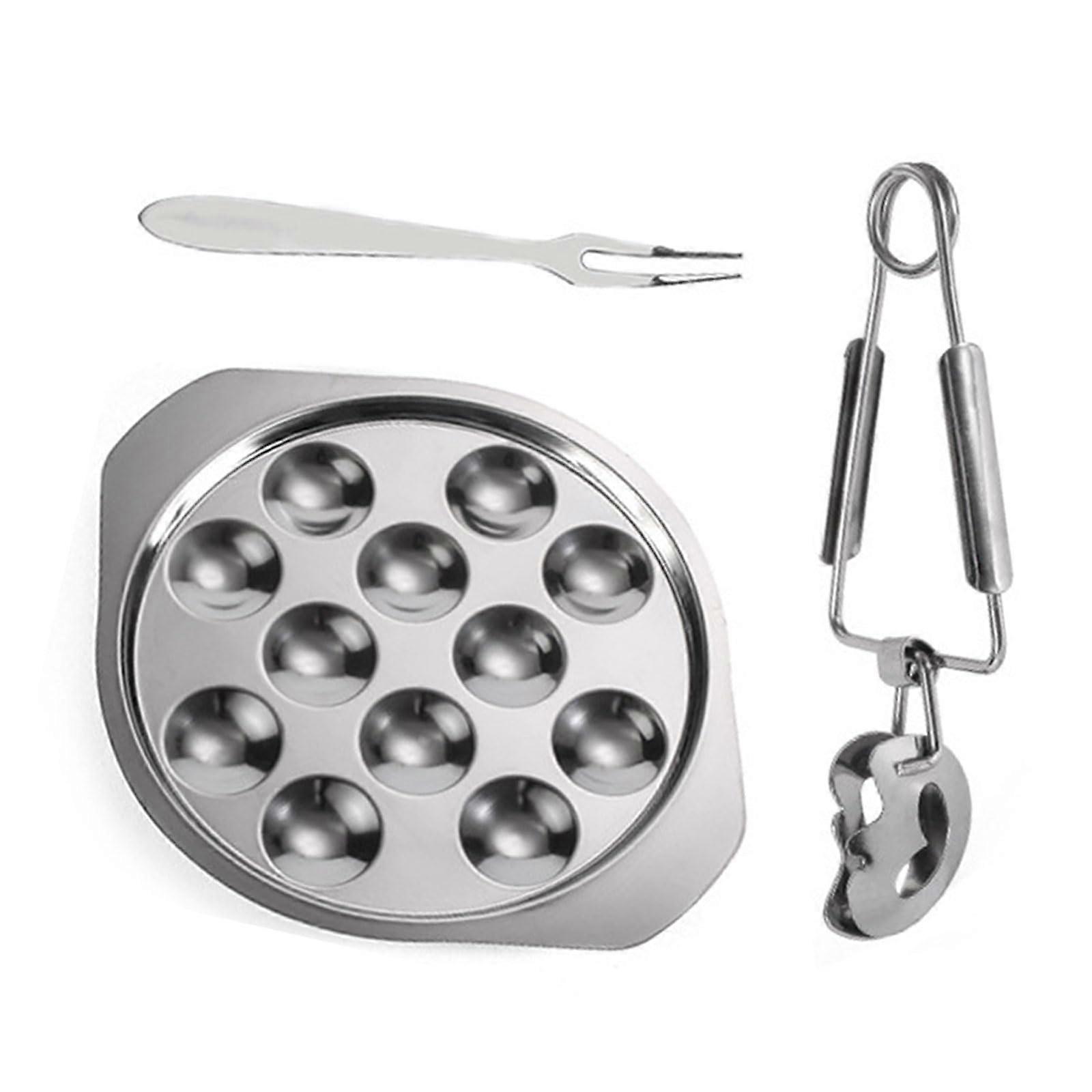 Seafood utensils, stainless steel, escargot, shell and tongs, snail baking plate set with clamps