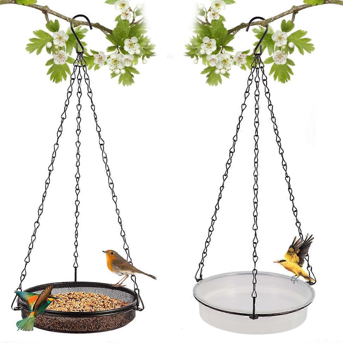 2-in-1 Set Hanging Bird Feeder and Bath for Outdoor, Small Metal Tray