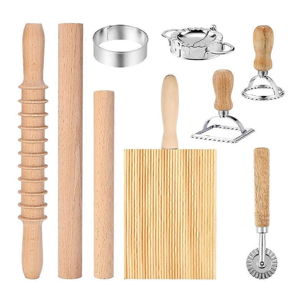9Pcs Pasta Making Tools Set, Wooden Rolling Pin, Gnocchi Board, Ravioli Stamp Maker Cutter, Pastry Cutter Wheel