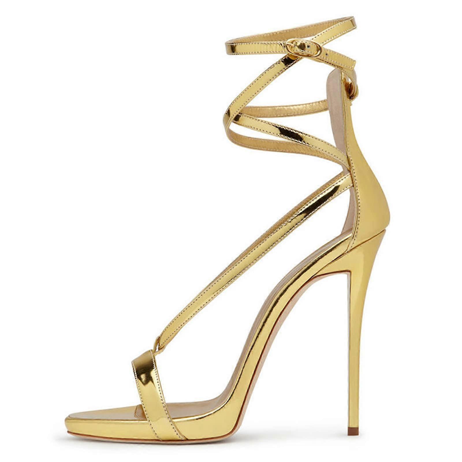 Women's  Heel Sandals with Open Toe Buckle in Lacquered Leather with Barefoot Strap for Evening Dress, gold