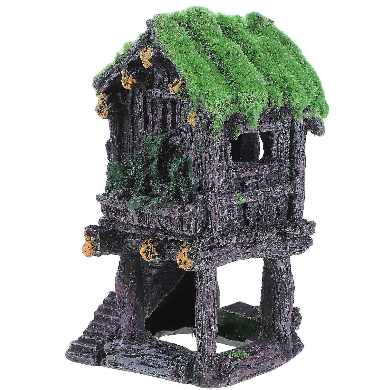 House for Aquariums Creative Artificial House Moss Pavilion Resin Craft Ornaments Underwater Decoration Dark Grey 9.5*16cm Aquarium Setup 1Pcs
