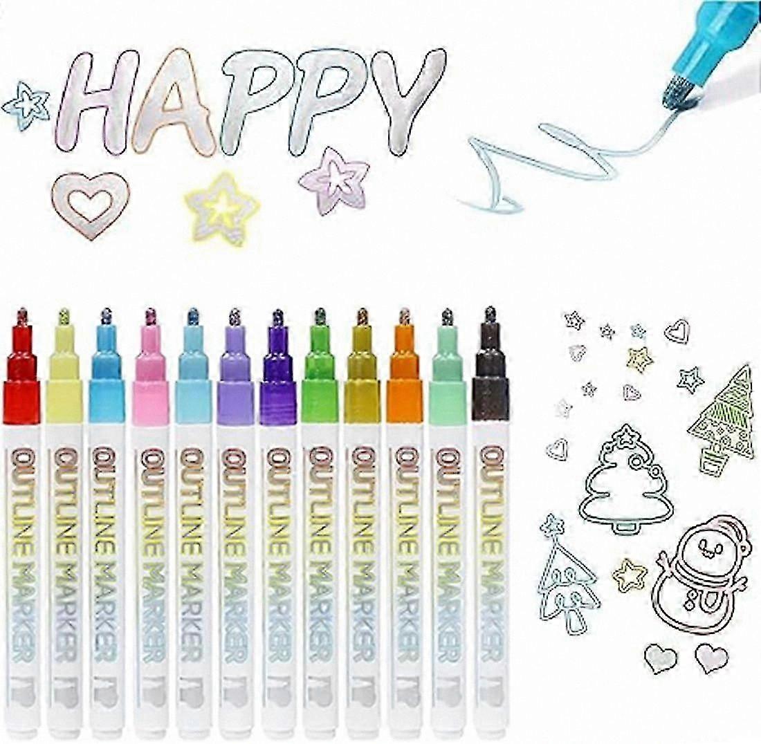 Double Line Metallic Markers, Glitter Highlight Pens, Shimmer Doodle Outline Markers for Crafting and Art Projects