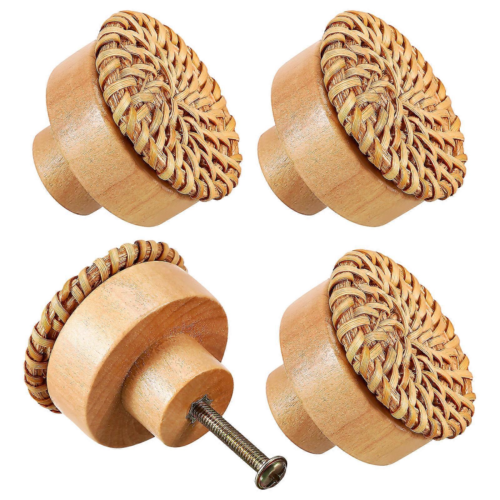 Boho Drawer Knobs with Woven Design for Furniture Doors 4Piece Wooden Rattan Knobs Set