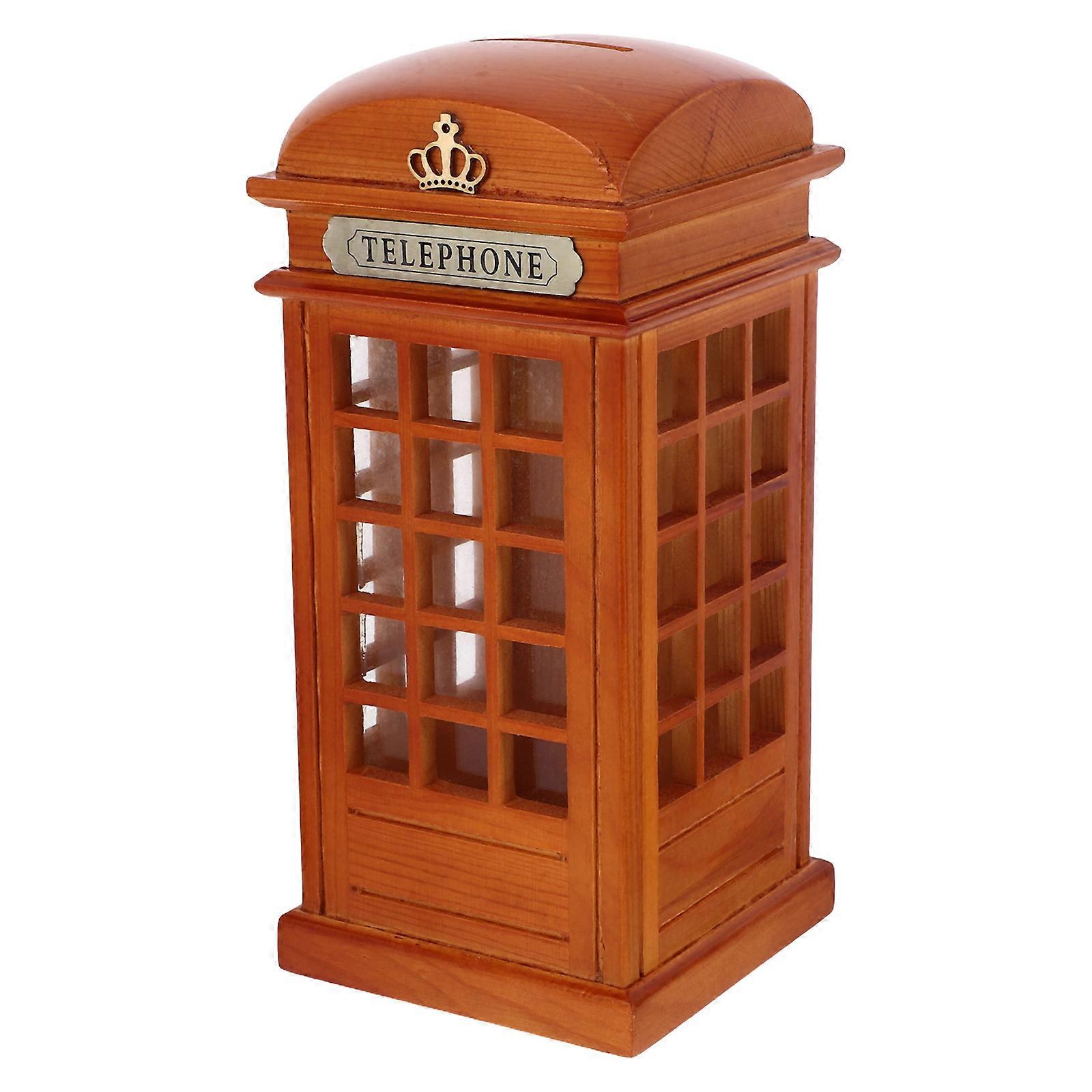 Wooden Telephone Booth Piggy Bank for Coin Storage with Craftsmanship and Unique Design 6.5 x 4.3 x 8.7 Inches