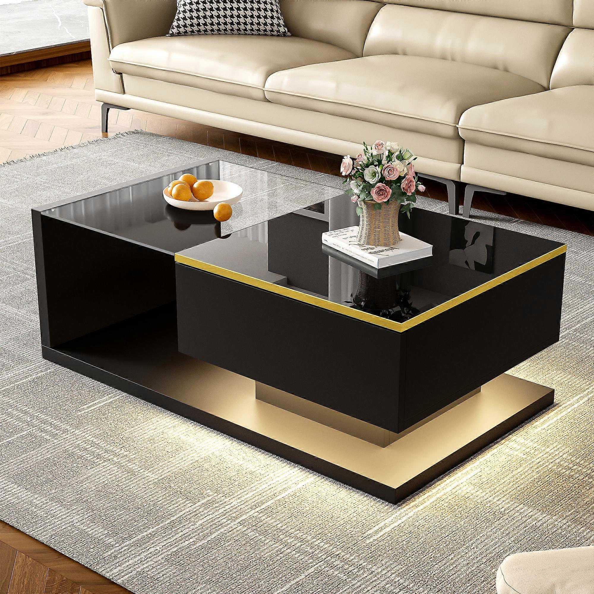 kashemano moderne sofabord, sort, LED belysning og glasplade, 90×50×32,5cm