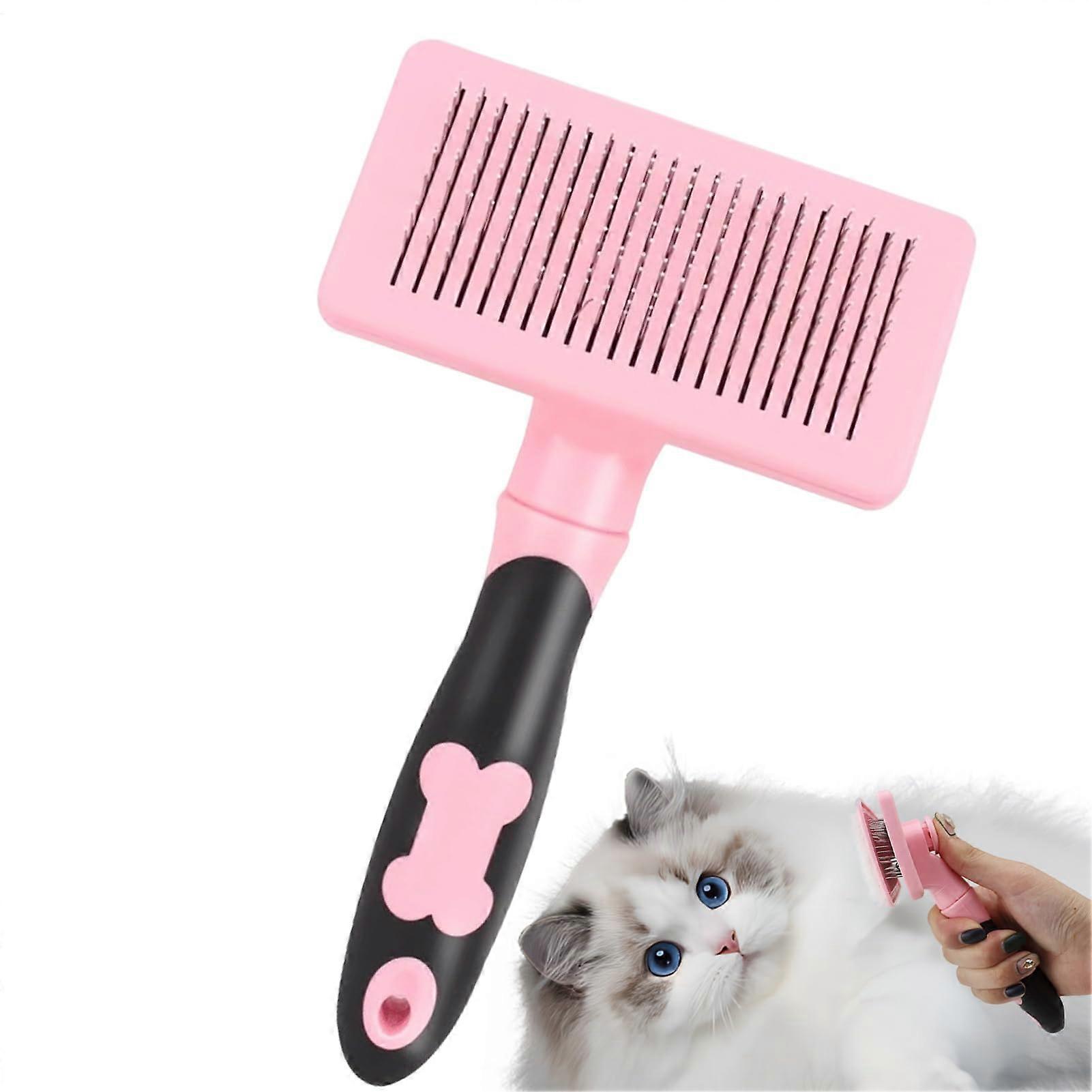 Dog Comb | Non-Slip Cat Hair Comb with Ergonomic Handle, Retractable Bristles, Pet Grooming Tool for Long Hair, Rose Color